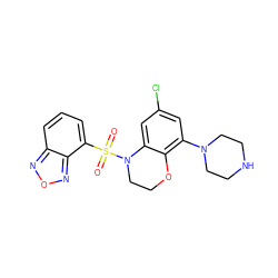 O=S(=O)(c1cccc2nonc12)N1CCOc2c(N3CCNCC3)cc(Cl)cc21 ZINC000028948466