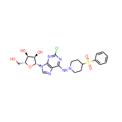 O=S(=O)(c1ccccc1)C1CCN(Nc2nc(Cl)nc3c2ncn3[C@@H]2O[C@H](CO)[C@@H](O)[C@H]2O)CC1 ZINC000003930508