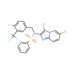 O=S(=O)(c1ccccc1)N(Cc1ccc(F)c(C(F)(F)F)c1)c1nc2ccc(Cl)cn2c1Cl ZINC000167636089