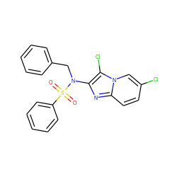 O=S(=O)(c1ccccc1)N(Cc1ccccc1)c1nc2ccc(Cl)cn2c1Cl ZINC000167637232