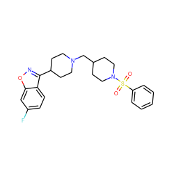 O=S(=O)(c1ccccc1)N1CCC(CN2CCC(c3noc4cc(F)ccc34)CC2)CC1 ZINC000653807414