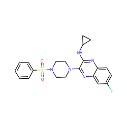 O=S(=O)(c1ccccc1)N1CCN(c2nc3cc(F)ccc3nc2NC2CC2)CC1 ZINC000144459205