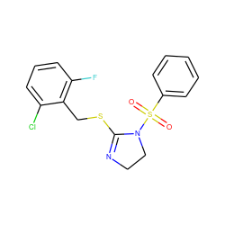 O=S(=O)(c1ccccc1)N1CCN=C1SCc1c(F)cccc1Cl ZINC000002711561