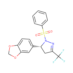 O=S(=O)(c1ccccc1)N1N=C(C(F)(F)F)C[C@@H]1c1ccc2c(c1)OCO2 ZINC000299836087