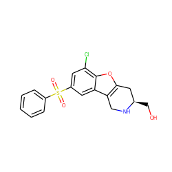 O=S(=O)(c1ccccc1)c1cc(Cl)c2oc3c(c2c1)CN[C@H](CO)C3 ZINC000143482905