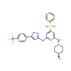 O=S(=O)(c1ccccc1)c1cc(Nc2cc(-c3ccc(C(F)(F)F)cc3)[nH]n2)nc(N[C@H]2CC[C@H](O)CC2)c1 ZINC000299837674