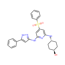 O=S(=O)(c1ccccc1)c1cc(Nc2cc(-c3ccccc3)[nH]n2)nc(N[C@H]2CC[C@H](O)CC2)c1 ZINC000299841168