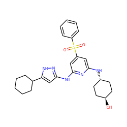 O=S(=O)(c1ccccc1)c1cc(Nc2cc(C3CCCCC3)[nH]n2)nc(N[C@H]2CC[C@H](O)CC2)c1 ZINC000299836283