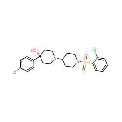 O=S(=O)(c1ccccc1Cl)N1CCC(N2CCC(O)(c3ccc(Cl)cc3)CC2)CC1 ZINC000029125593