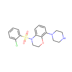 O=S(=O)(c1ccccc1Cl)N1CCOc2c(N3CCNCC3)cccc21 ZINC000003819423