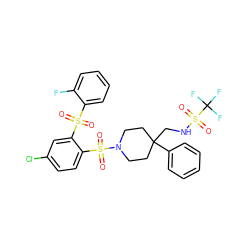 O=S(=O)(c1ccccc1F)c1cc(Cl)ccc1S(=O)(=O)N1CCC(CNS(=O)(=O)C(F)(F)F)(c2ccccc2)CC1 ZINC000049762395