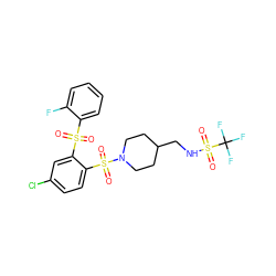 O=S(=O)(c1ccccc1F)c1cc(Cl)ccc1S(=O)(=O)N1CCC(CNS(=O)(=O)C(F)(F)F)CC1 ZINC000049767087