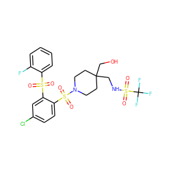 O=S(=O)(c1ccccc1F)c1cc(Cl)ccc1S(=O)(=O)N1CCC(CO)(CNS(=O)(=O)C(F)(F)F)CC1 ZINC000049756347