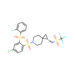 O=S(=O)(c1ccccc1F)c1cc(Cl)ccc1S(=O)(=O)N1CCC2(CC1)C[C@@H]2NS(=O)(=O)C(F)(F)F ZINC000049761765