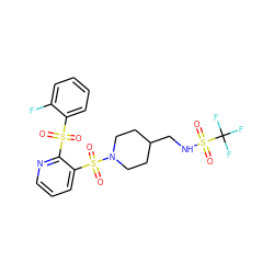 O=S(=O)(c1ccccc1F)c1ncccc1S(=O)(=O)N1CCC(CNS(=O)(=O)C(F)(F)F)CC1 ZINC000064527069