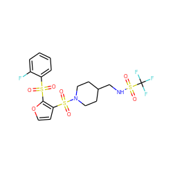 O=S(=O)(c1ccccc1F)c1occc1S(=O)(=O)N1CCC(CNS(=O)(=O)C(F)(F)F)CC1 ZINC000064526348