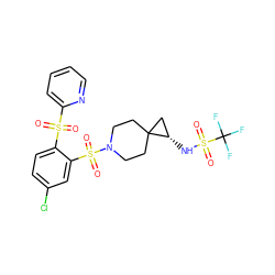 O=S(=O)(c1ccccn1)c1ccc(Cl)cc1S(=O)(=O)N1CCC2(CC1)C[C@@H]2NS(=O)(=O)C(F)(F)F ZINC000049756794