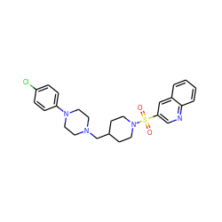 O=S(=O)(c1cnc2ccccc2c1)N1CCC(CN2CCN(c3ccc(Cl)cc3)CC2)CC1 ZINC000073274263