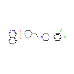 O=S(=O)(c1cncc2ccccc12)N1CCC(CCN2CCN(c3ccc(Cl)c(Cl)c3)CC2)CC1 ZINC001772574890