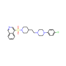 O=S(=O)(c1cncc2ccccc12)N1CCC(CCN2CCN(c3ccc(Cl)cc3)CC2)CC1 ZINC000073281002