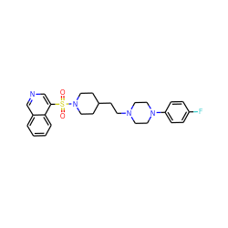 O=S(=O)(c1cncc2ccccc12)N1CCC(CCN2CCN(c3ccc(F)cc3)CC2)CC1 ZINC001772653863