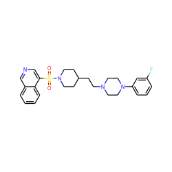 O=S(=O)(c1cncc2ccccc12)N1CCC(CCN2CCN(c3cccc(F)c3)CC2)CC1 ZINC001772628956