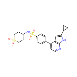 O=S1(=O)CCC(NS(=O)(=O)c2ccc(-c3ccnc4[nH]c(C5CC5)cc34)cc2)CC1 ZINC000095556865