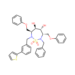 O=S1(=O)N(Cc2ccccc2)[C@@H](COc2ccccc2)[C@@H](O)[C@H](O)[C@H](COc2ccccc2)N1Cc1cccc(-c2cccs2)c1 ZINC000029408640