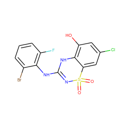 O=S1(=O)N=C(Nc2c(F)cccc2Br)Nc2c(O)cc(Cl)cc21 ZINC000028822698