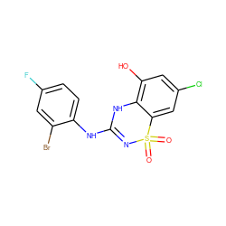 O=S1(=O)N=C(Nc2ccc(F)cc2Br)Nc2c(O)cc(Cl)cc21 ZINC000028822695