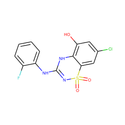 O=S1(=O)N=C(Nc2ccccc2F)Nc2c(O)cc(Cl)cc21 ZINC000028822686