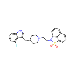 O=S1(=O)c2cccc3cccc(c23)N1CCN1CCC(Cc2c[nH]c3cccc(F)c23)CC1 ZINC000013826839