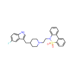 O=S1(=O)c2ccccc2-c2ccccc2N1CCN1CCC(Cc2c[nH]c3ccc(F)cc23)CC1 ZINC000013826854