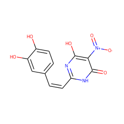 O=c1[nH]c(/C=C\c2ccc(O)c(O)c2)nc(O)c1[N+](=O)[O-] ZINC000009010329