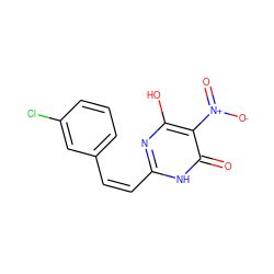 O=c1[nH]c(/C=C\c2cccc(Cl)c2)nc(O)c1[N+](=O)[O-] ZINC000013124695