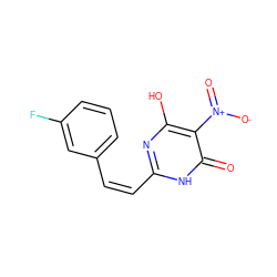 O=c1[nH]c(/C=C\c2cccc(F)c2)nc(O)c1[N+](=O)[O-] ZINC000009010332