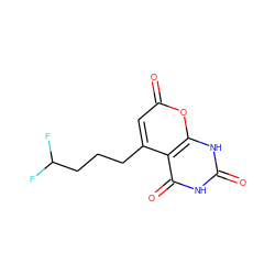 O=c1[nH]c(=O)c2c(CCCC(F)F)cc(=O)oc2[nH]1 ZINC000084704633