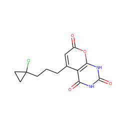 O=c1[nH]c(=O)c2c(CCCC3(Cl)CC3)cc(=O)oc2[nH]1 ZINC000084727905