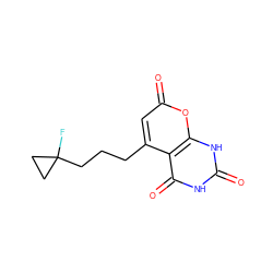 O=c1[nH]c(=O)c2c(CCCC3(F)CC3)cc(=O)oc2[nH]1 ZINC000084707805