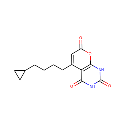 O=c1[nH]c(=O)c2c(CCCCC3CC3)cc(=O)oc2[nH]1 ZINC000034603941