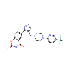 O=c1[nH]c(=O)c2cc(-c3[nH]ncc3CN3CCN(c4ccc(C(F)(F)F)cn4)CC3)ccc2o1 ZINC000143984004