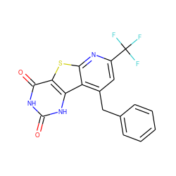 O=c1[nH]c(=O)c2sc3nc(C(F)(F)F)cc(Cc4ccccc4)c3c2[nH]1 ZINC000004686863