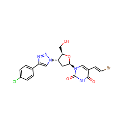 O=c1[nH]c(=O)n([C@H]2C[C@H](n3cc(-c4ccc(Cl)cc4)nn3)[C@@H](CO)O2)cc1/C=C/Br ZINC000049073386