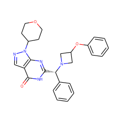 O=c1[nH]c([C@@H](c2ccccc2)N2CC(Oc3ccccc3)C2)nc2c1cnn2C1CCOCC1 ZINC001772644075