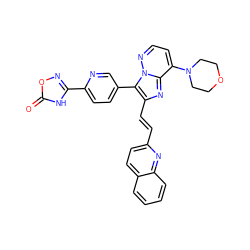 O=c1[nH]c(-c2ccc(-c3c(/C=C/c4ccc5ccccc5n4)nc4c(N5CCOCC5)ccnn34)cn2)no1 ZINC001772613724