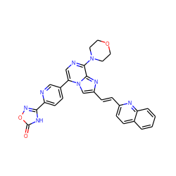 O=c1[nH]c(-c2ccc(-c3cnc(N4CCOCC4)c4nc(/C=C/c5ccc6ccccc6n5)cn34)cn2)no1 ZINC000222041521