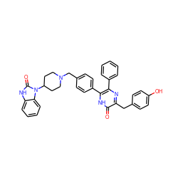 O=c1[nH]c(-c2ccc(CN3CCC(n4c(=O)[nH]c5ccccc54)CC3)cc2)c(-c2ccccc2)nc1Cc1ccc(O)cc1 ZINC000014957921