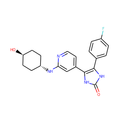 O=c1[nH]c(-c2ccc(F)cc2)c(-c2ccnc(N[C@H]3CC[C@H](O)CC3)c2)[nH]1 ZINC000261130029