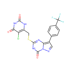 O=c1[nH]c(CSc2nc3c(-c4ccc(C(F)(F)F)cc4)cnn3c(=O)[nH]2)c(Cl)c(=O)[nH]1 ZINC000103288871