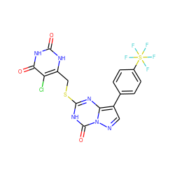 O=c1[nH]c(CSc2nc3c(-c4ccc(S(F)(F)(F)(F)F)cc4)cnn3c(=O)[nH]2)c(Cl)c(=O)[nH]1 ZINC000103288828